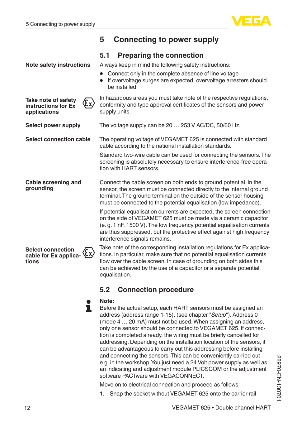 5 connecting to power supply, 1 preparing the connection, 2 connection procedure | VEGA VEGAMET 625 User Manual | Page 12 / 64