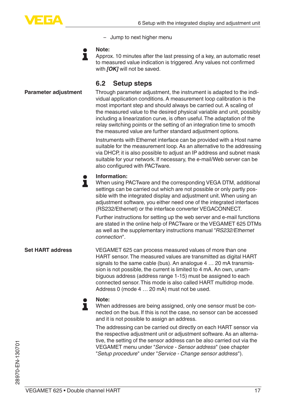 2 setup steps | VEGA VEGAMET 625 User Manual | Page 17 / 64