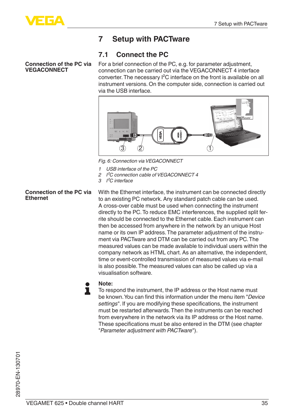 7 setup with pactware, 1 connect the pc | VEGA VEGAMET 625 User Manual | Page 35 / 64