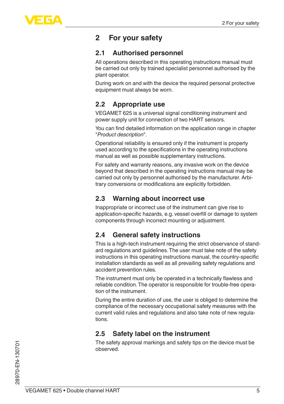 2 for your safety, 1 authorised personnel, 2 appropriate use | 3 warning about incorrect use, 4 general safety instructions, 5 safety label on the instrument | VEGA VEGAMET 625 User Manual | Page 5 / 64