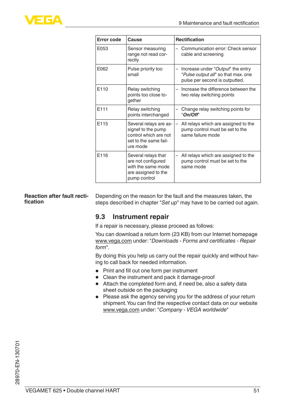 3 instrument repair | VEGA VEGAMET 625 User Manual | Page 51 / 64