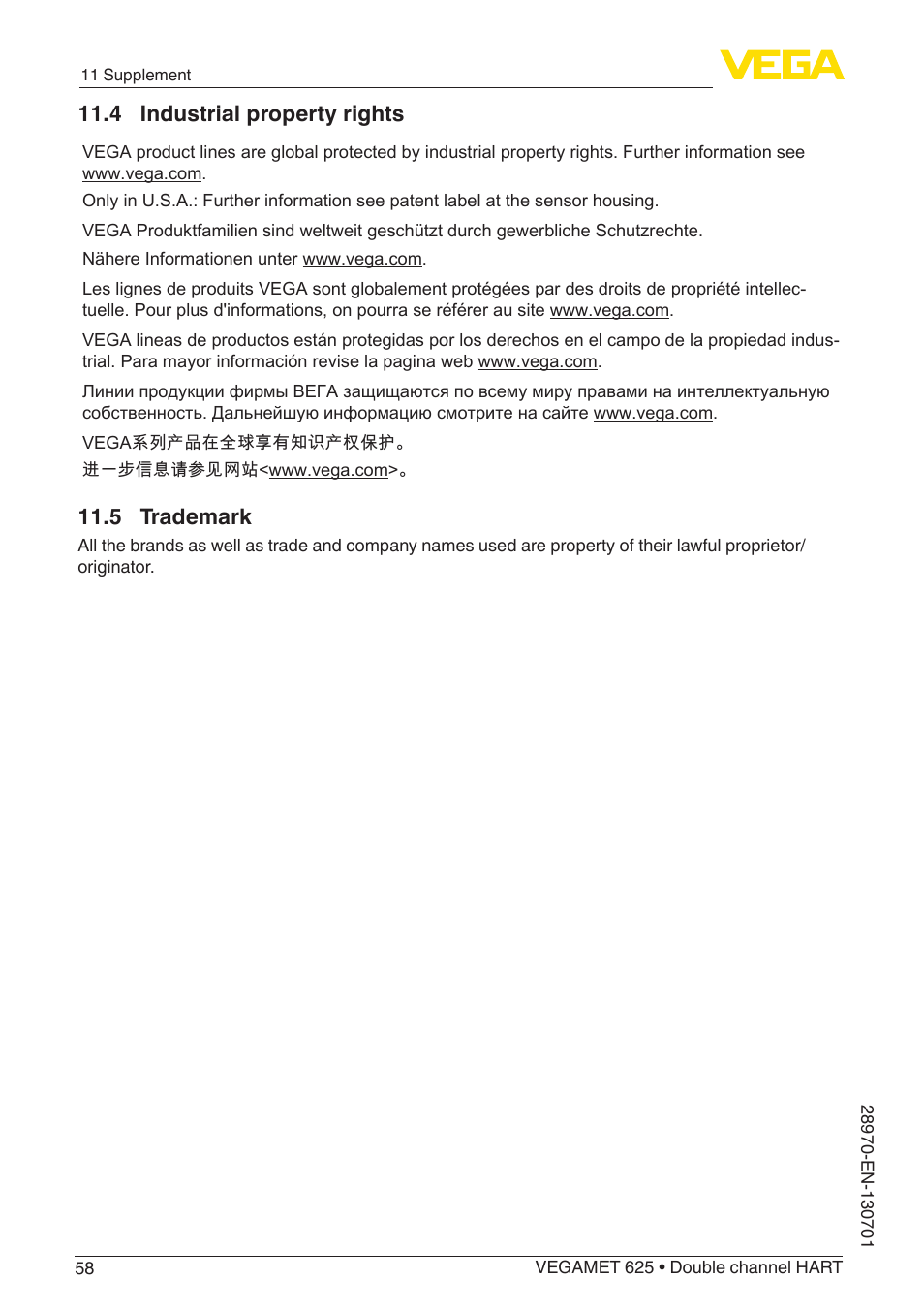 4 industrial property rights, 5 trademark | VEGA VEGAMET 625 User Manual | Page 58 / 64