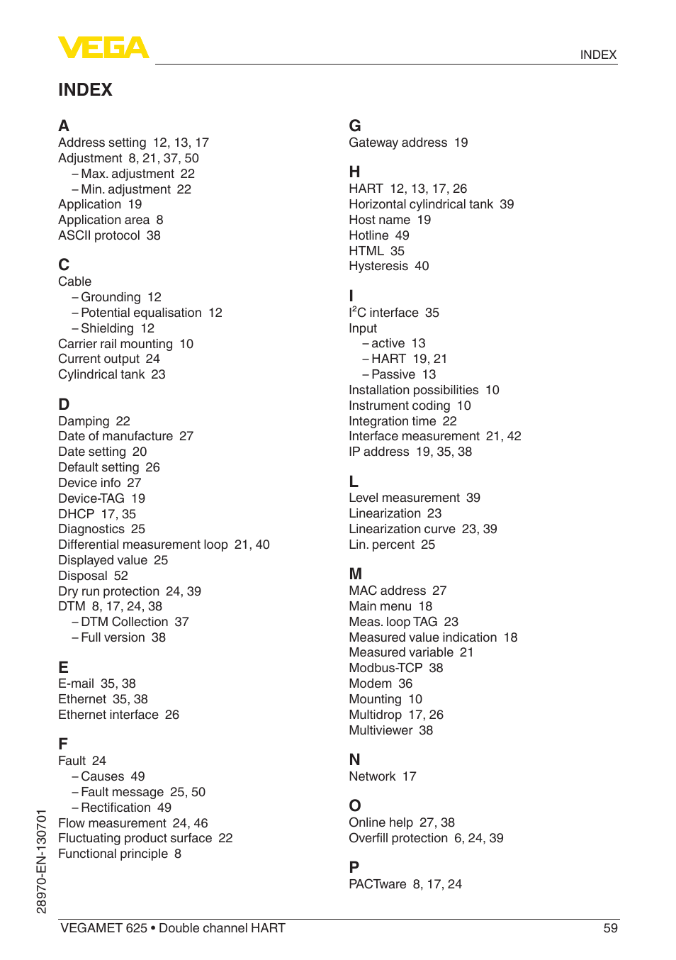 Index | VEGA VEGAMET 625 User Manual | Page 59 / 64