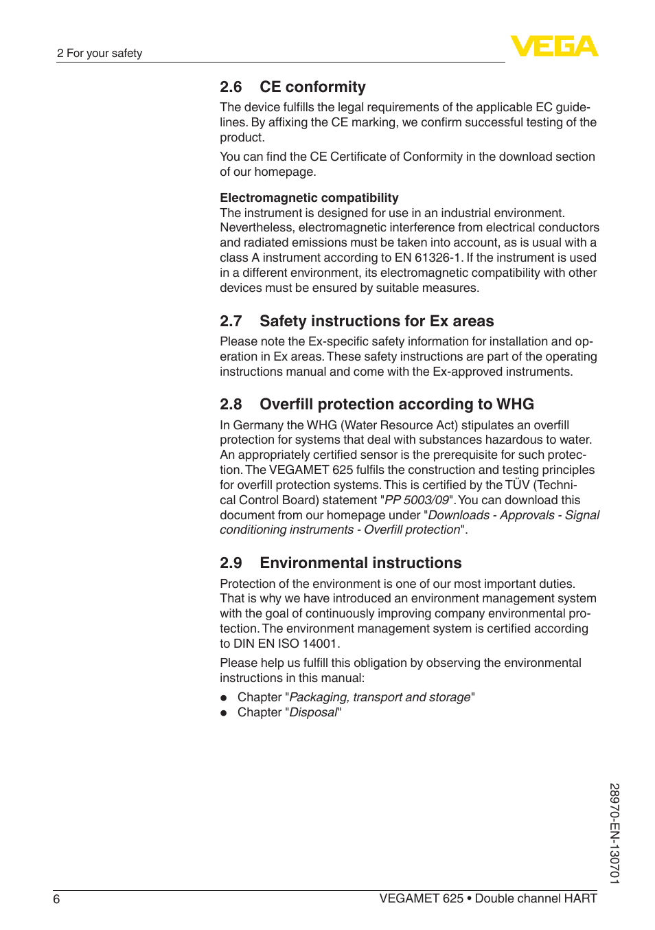 6 ce conformity, 7 safety instructions for ex areas, 8 overfill protection according to whg | 9 environmental instructions | VEGA VEGAMET 625 User Manual | Page 6 / 64