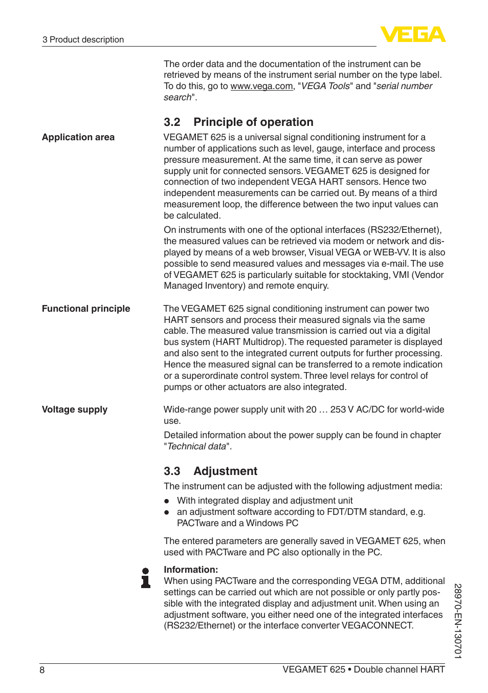 2 principle of operation, 3 adjustment | VEGA VEGAMET 625 User Manual | Page 8 / 64