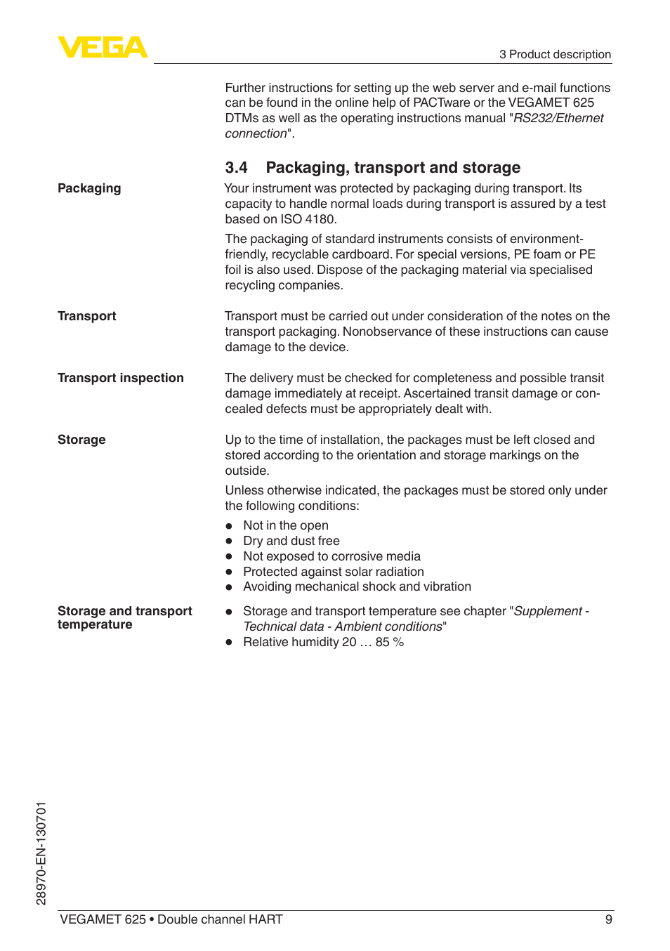 4 packaging, transport and storage | VEGA VEGAMET 625 User Manual | Page 9 / 64