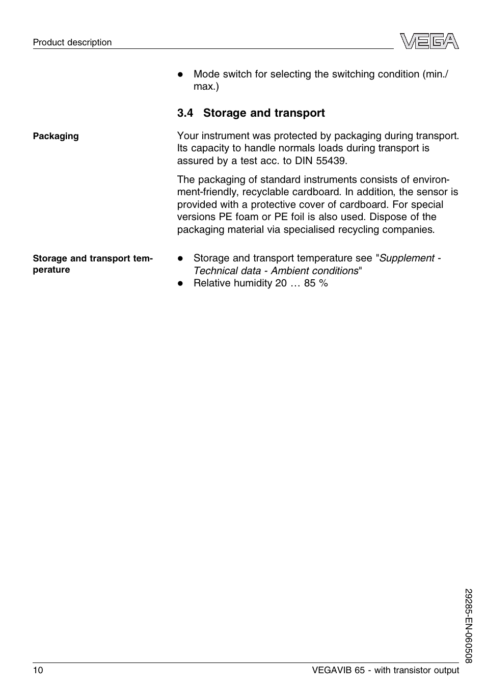 4 storage and transport | VEGA VEGAVIB 65 - transistor output User Manual | Page 10 / 36