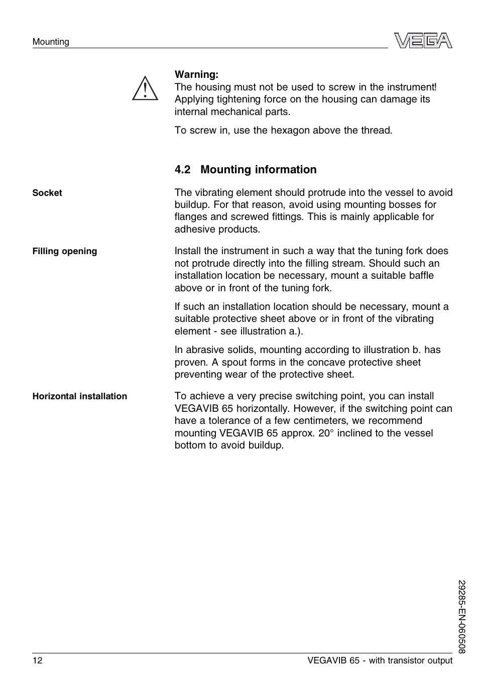 2 mounting information | VEGA VEGAVIB 65 - transistor output User Manual | Page 12 / 36