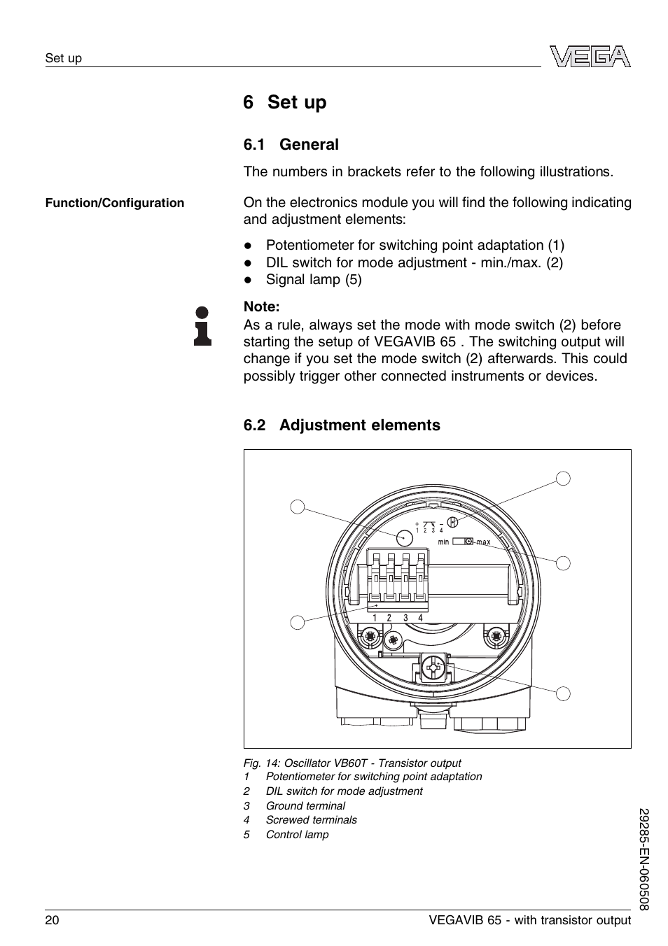 6 set up, 1 general, 2 adjustment elements | VEGA VEGAVIB 65 - transistor output User Manual | Page 20 / 36