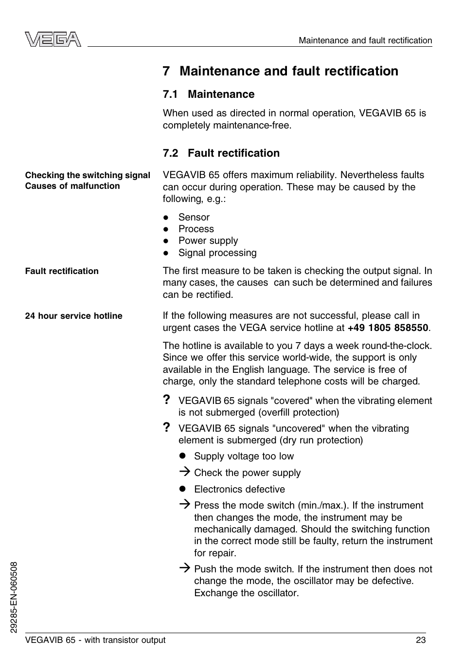 7 maintenance and fault rectification, 1 maintenance, 2 fault rectification | 7 maintenance and fault rectiﬁcation | VEGA VEGAVIB 65 - transistor output User Manual | Page 23 / 36