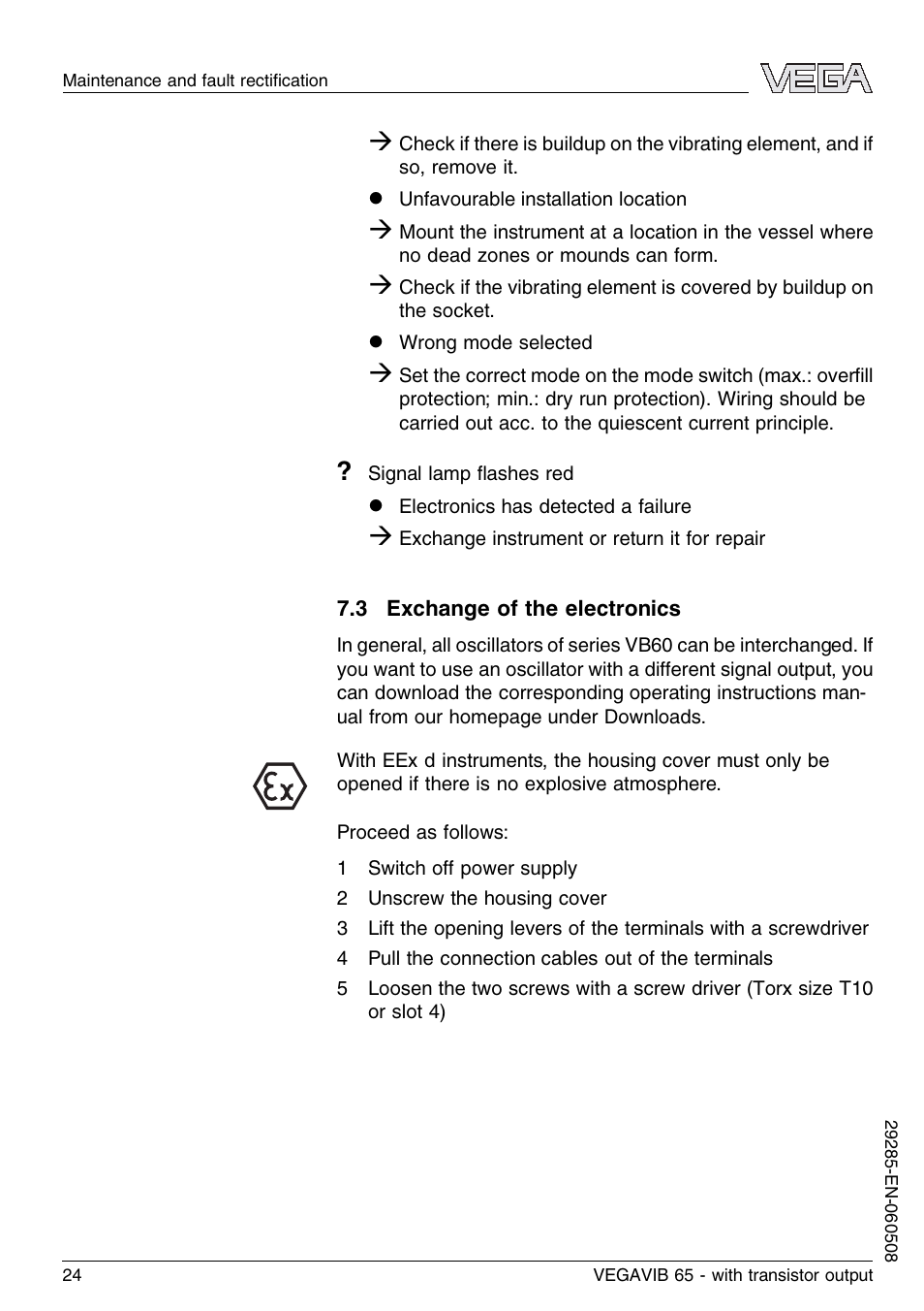 3 exchange of the electronics | VEGA VEGAVIB 65 - transistor output User Manual | Page 24 / 36
