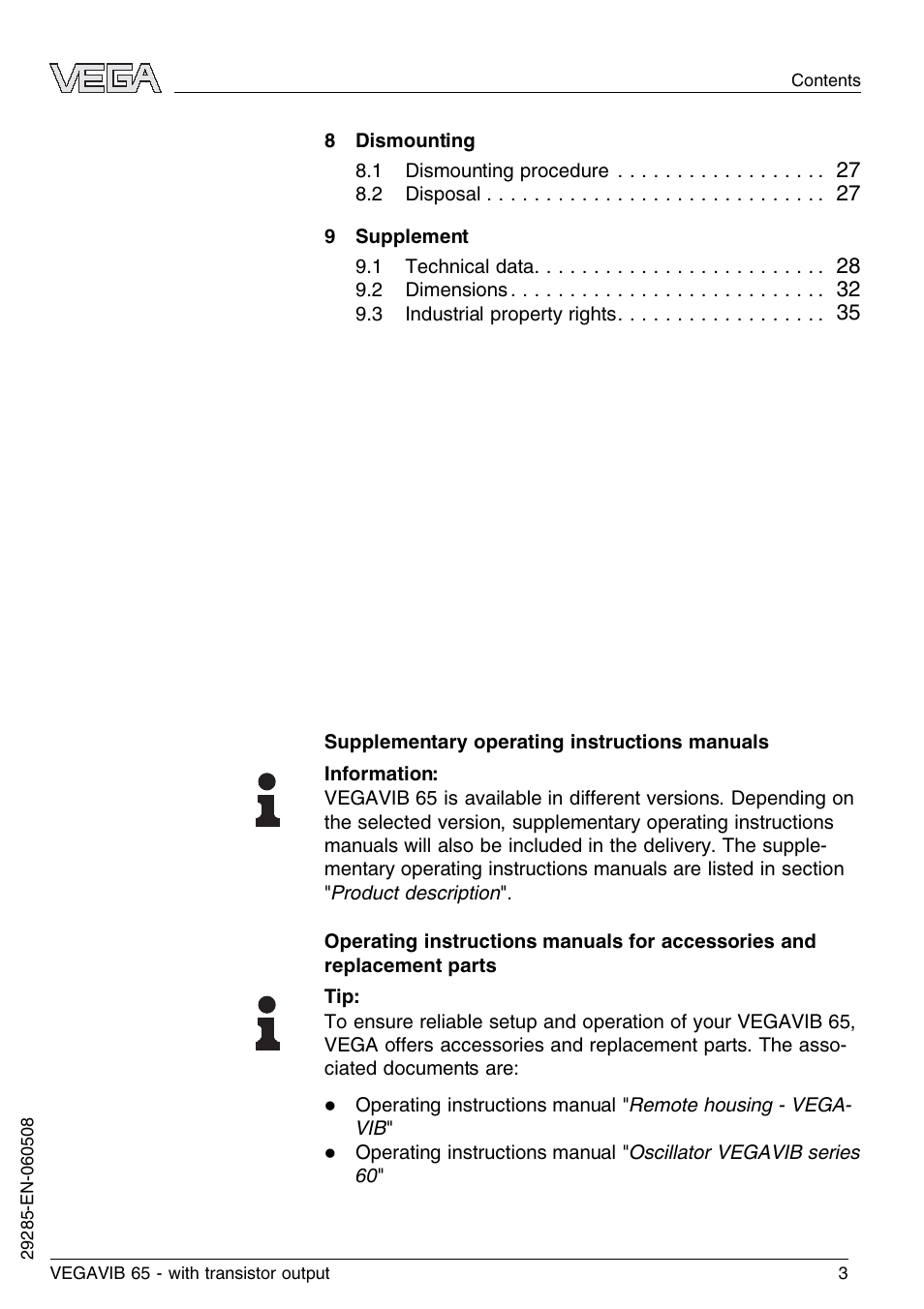 VEGA VEGAVIB 65 - transistor output User Manual | Page 3 / 36