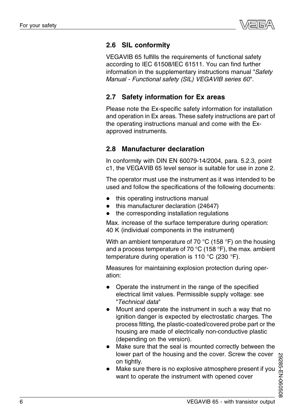 6 sil conformity, 7 safety information for ex areas, 8 manufacturer declaration | VEGA VEGAVIB 65 - transistor output User Manual | Page 6 / 36