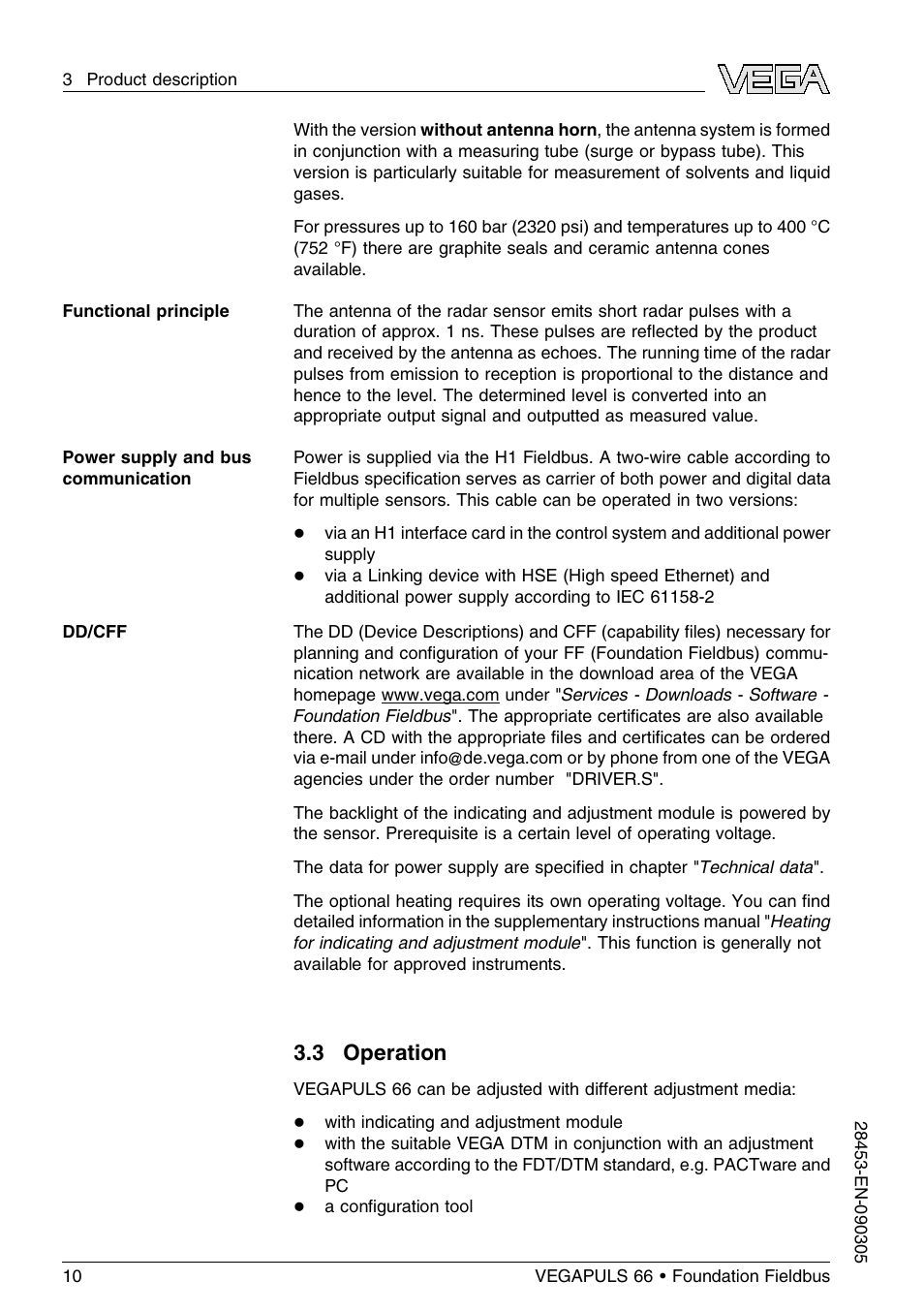 3 operation | VEGA VEGAPULS 66 (≥ 2.0.0 - ≤ 3.8) Foundation Fieldbus User Manual | Page 10 / 68