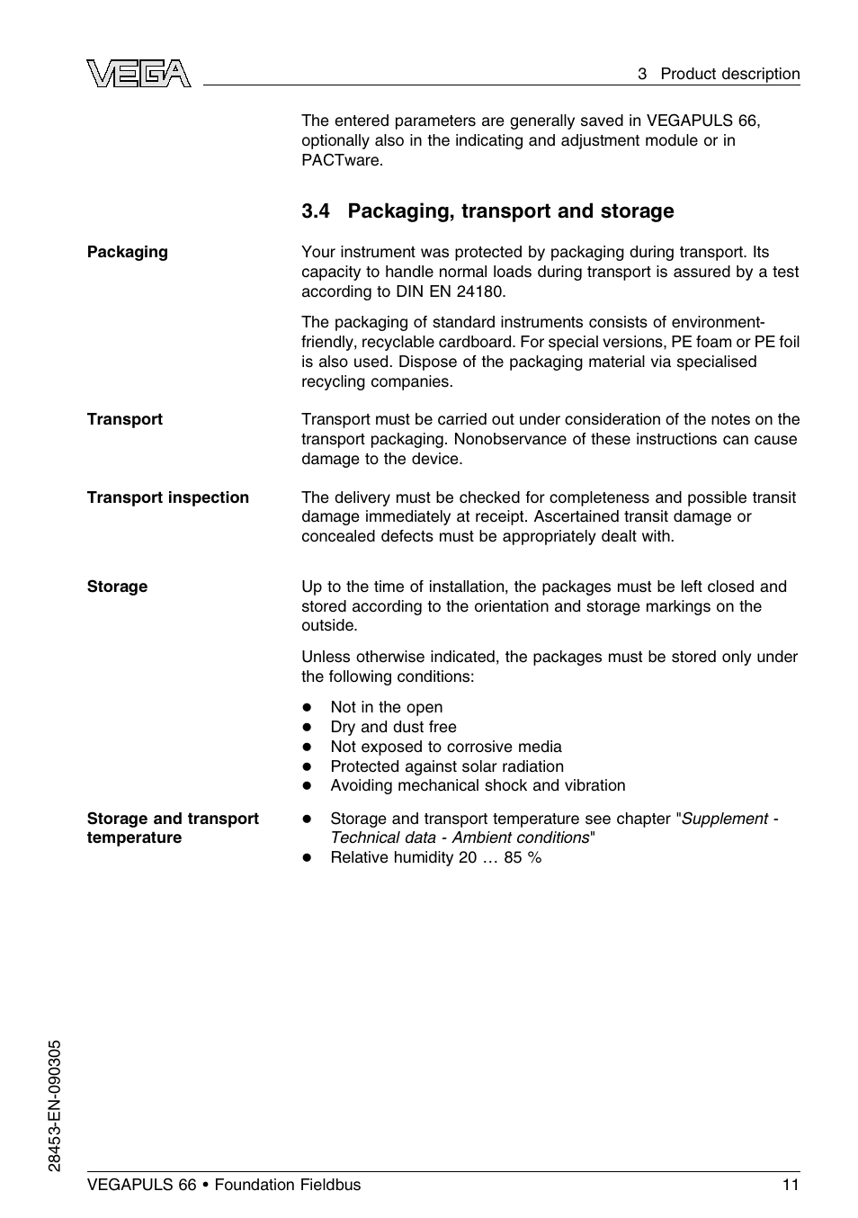 4 packaging, transport and storage | VEGA VEGAPULS 66 (≥ 2.0.0 - ≤ 3.8) Foundation Fieldbus User Manual | Page 11 / 68