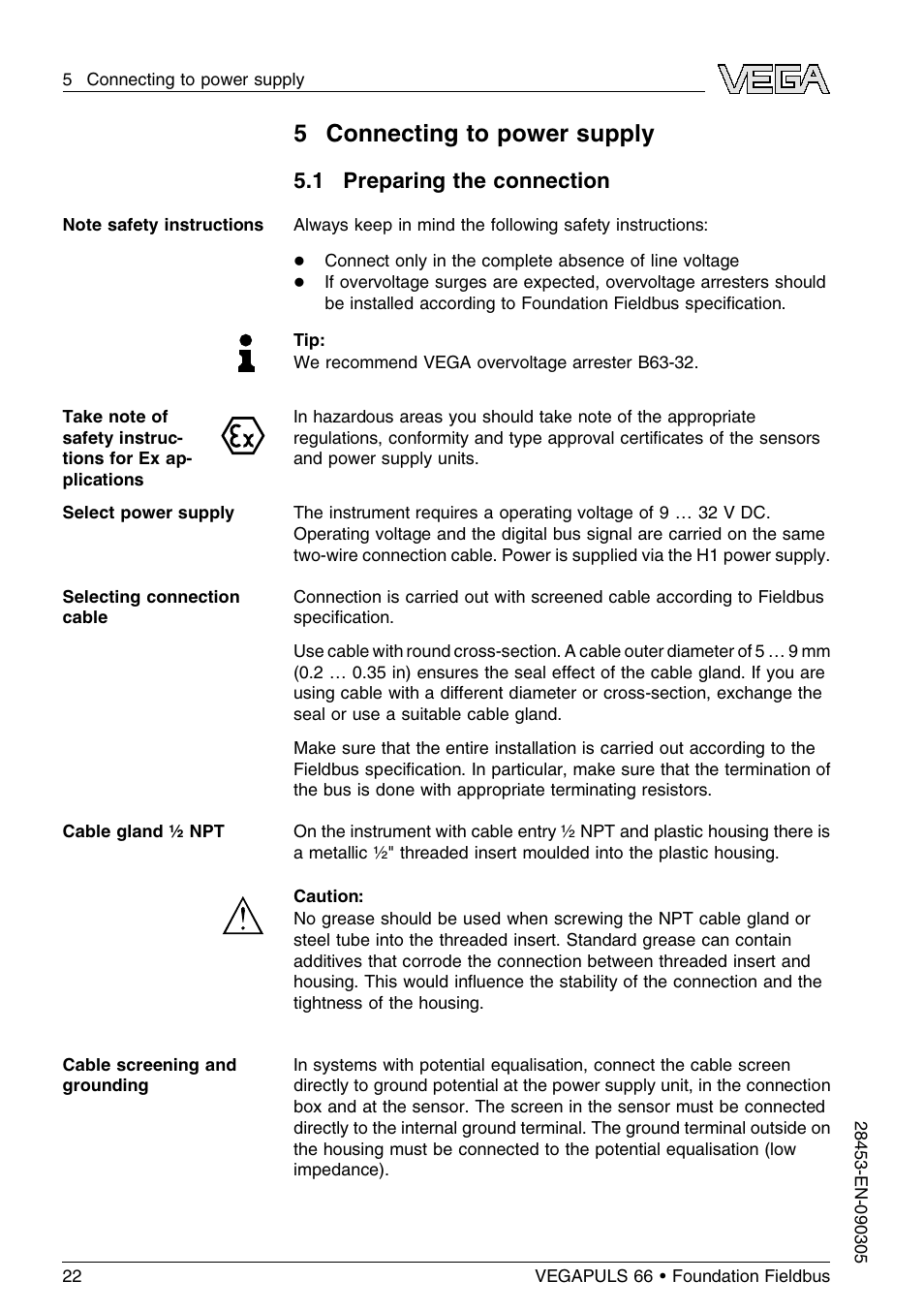 5 connecting to power supply, 1 preparing the connection | VEGA VEGAPULS 66 (≥ 2.0.0 - ≤ 3.8) Foundation Fieldbus User Manual | Page 22 / 68