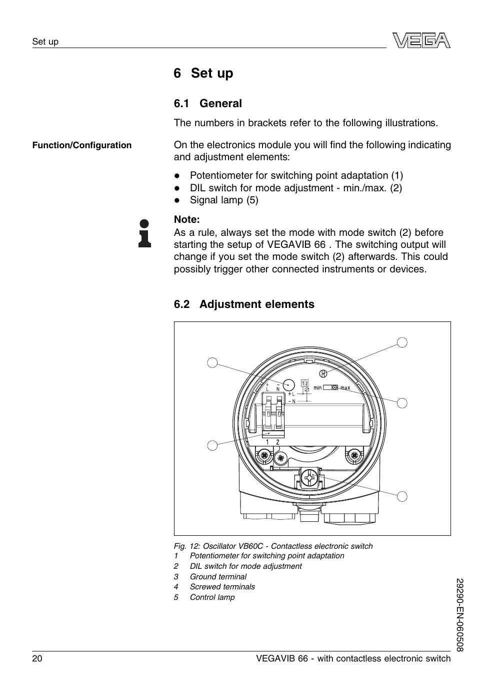 6 set up, 1 general, 2 adjustment elements | VEGA VEGAVIB 66 - contactless electronic switch User Manual | Page 20 / 36
