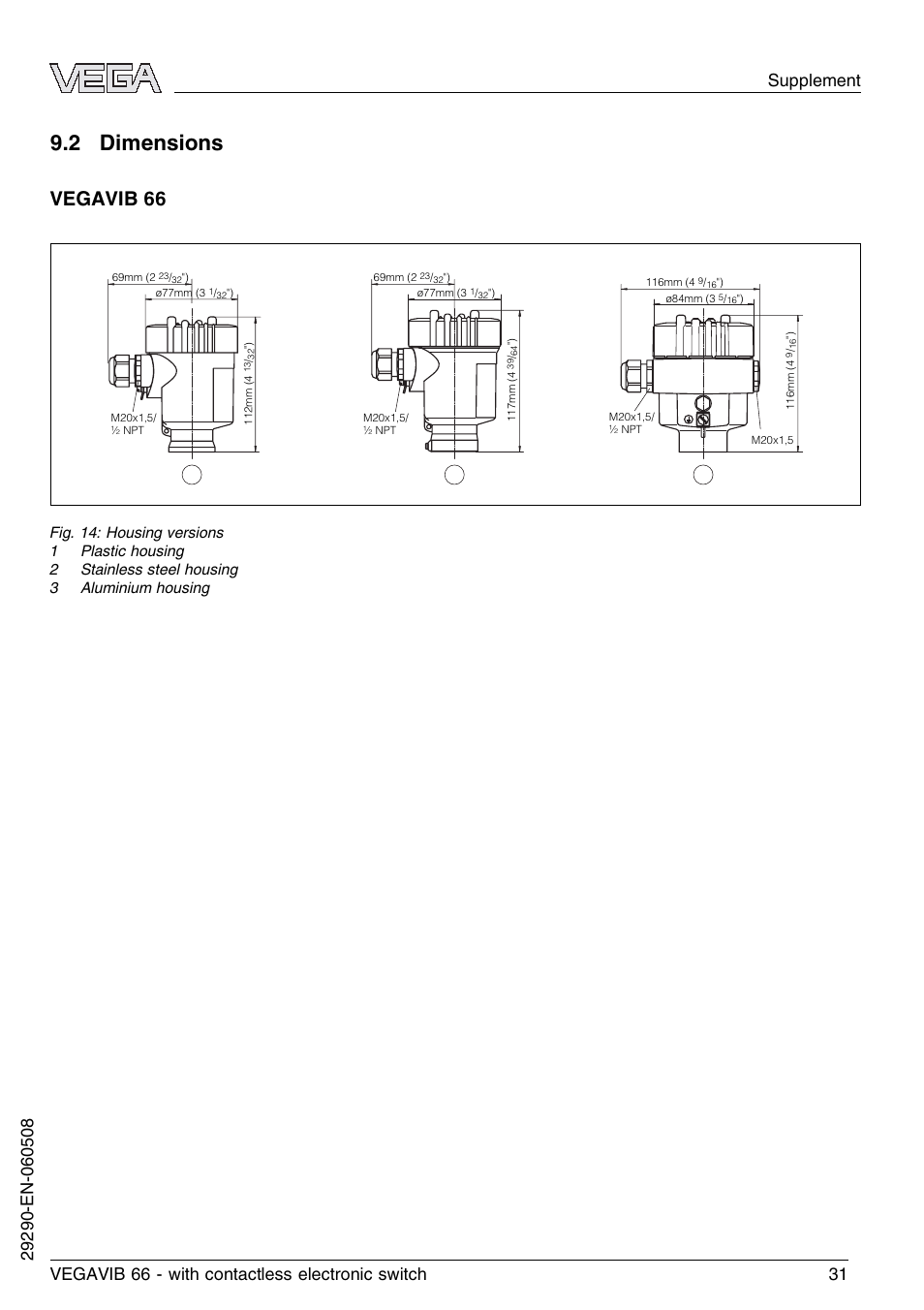 2 dimensions, Vegavib 66 | VEGA VEGAVIB 66 - contactless electronic switch User Manual | Page 31 / 36