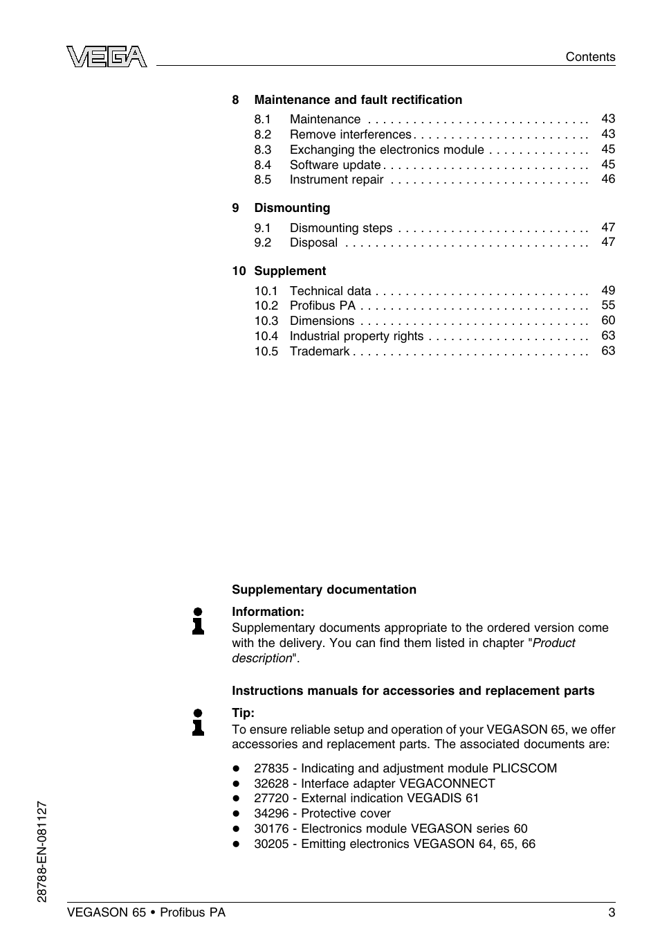 VEGA VEGASON 65 Proﬁbus PA User Manual | Page 3 / 68