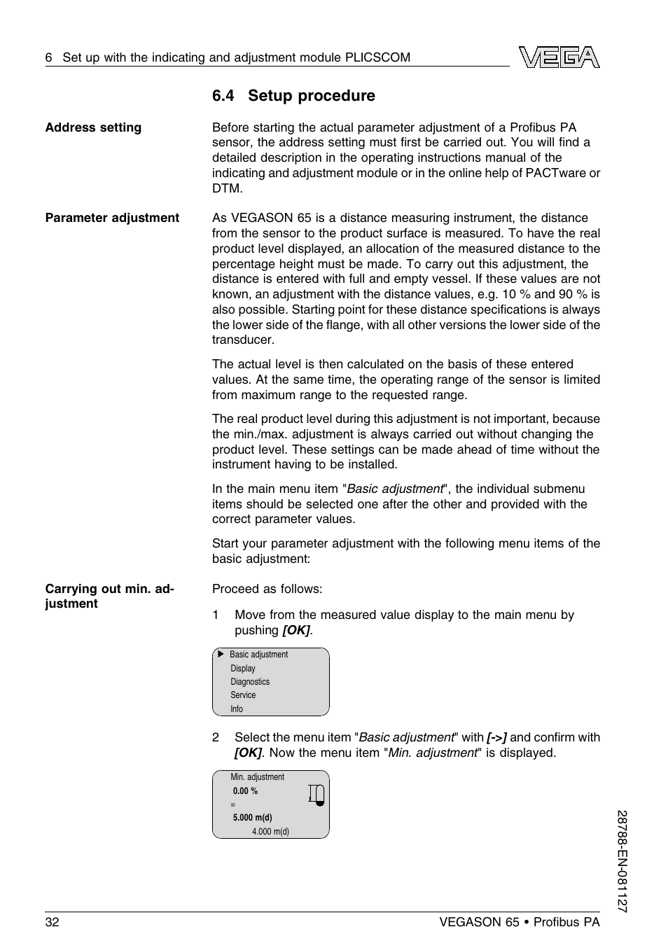 4 setup procedure | VEGA VEGASON 65 Proﬁbus PA User Manual | Page 32 / 68