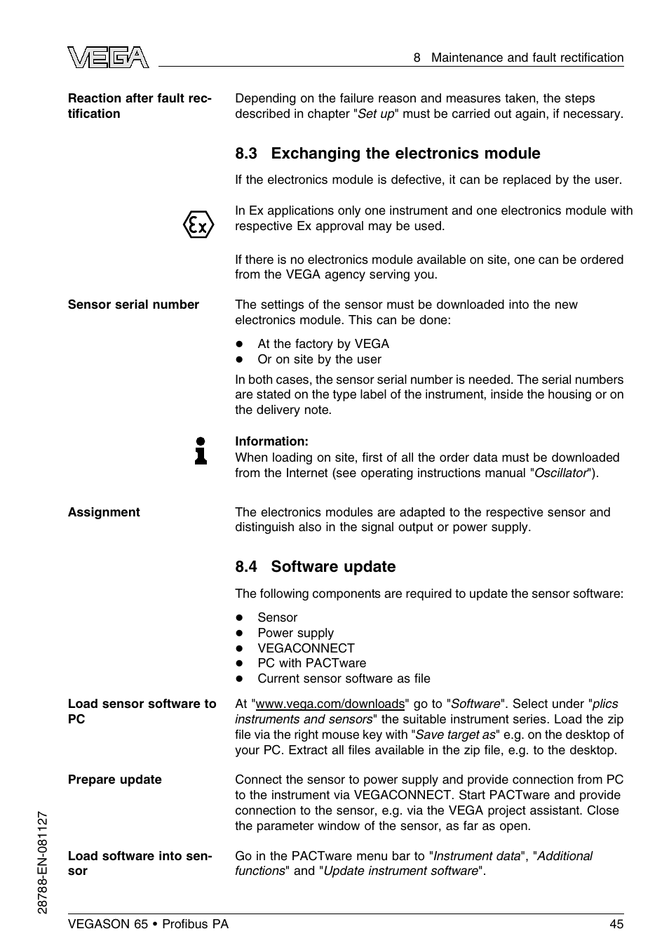 3 exchanging the electronics module, 4 software update | VEGA VEGASON 65 Proﬁbus PA User Manual | Page 45 / 68