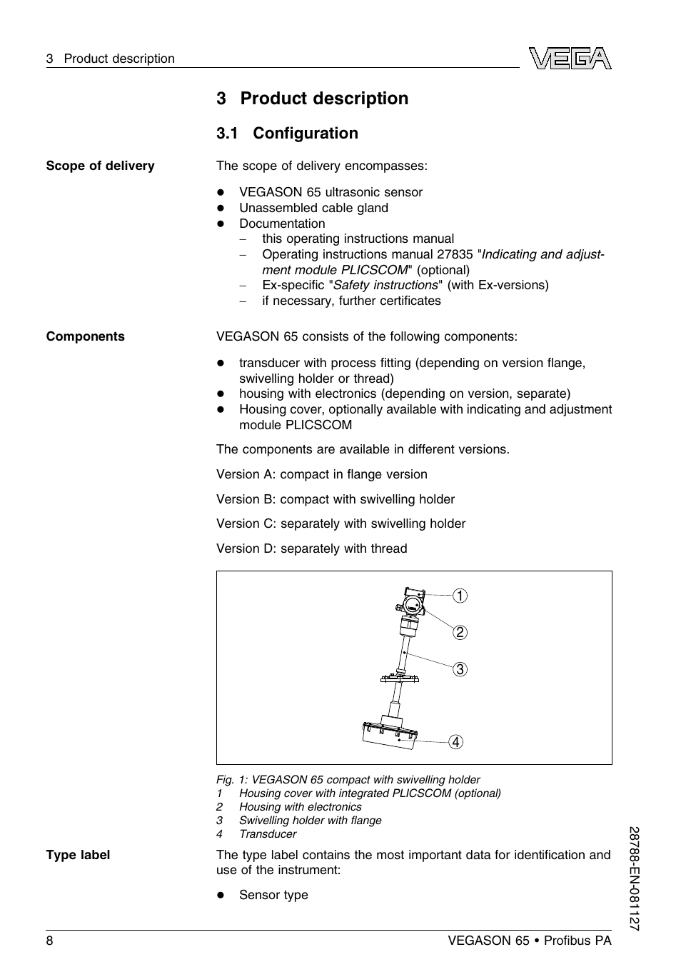 3 product description, 1 configuration, 1 conﬁguration | VEGA VEGASON 65 Proﬁbus PA User Manual | Page 8 / 68