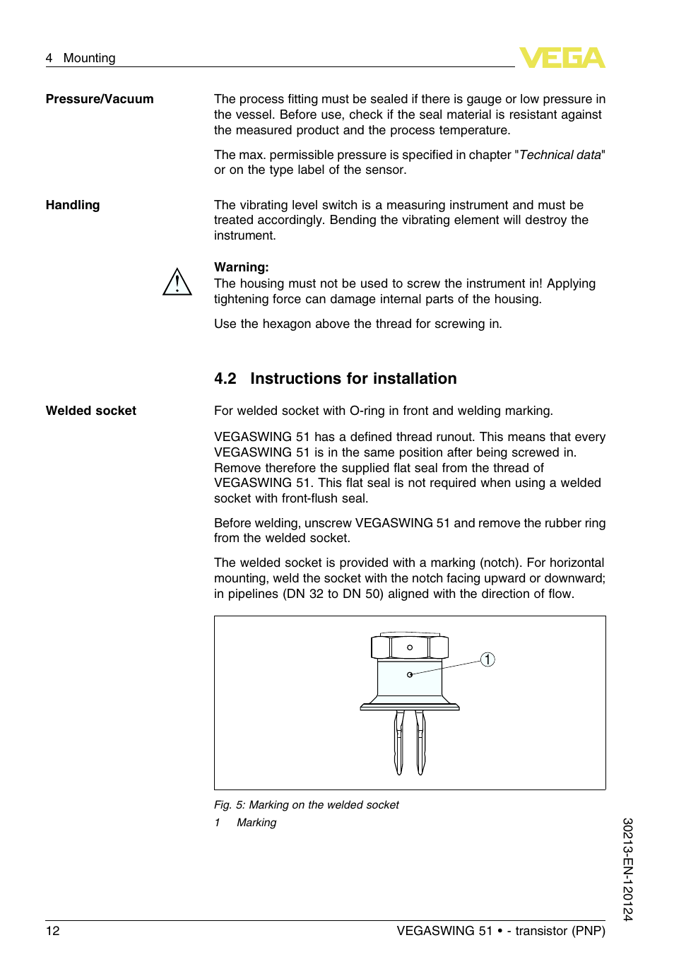 2 instructions for installation | VEGA VEGASWING 51 - transistor (PNP) User Manual | Page 12 / 36