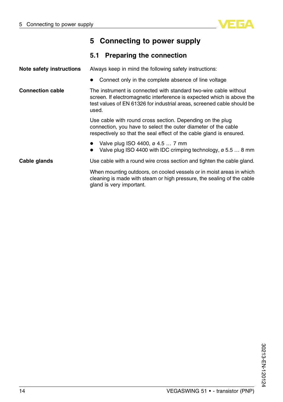 5 connecting to power supply, 1 preparing the connection, 5connecting to power supply | VEGA VEGASWING 51 - transistor (PNP) User Manual | Page 14 / 36