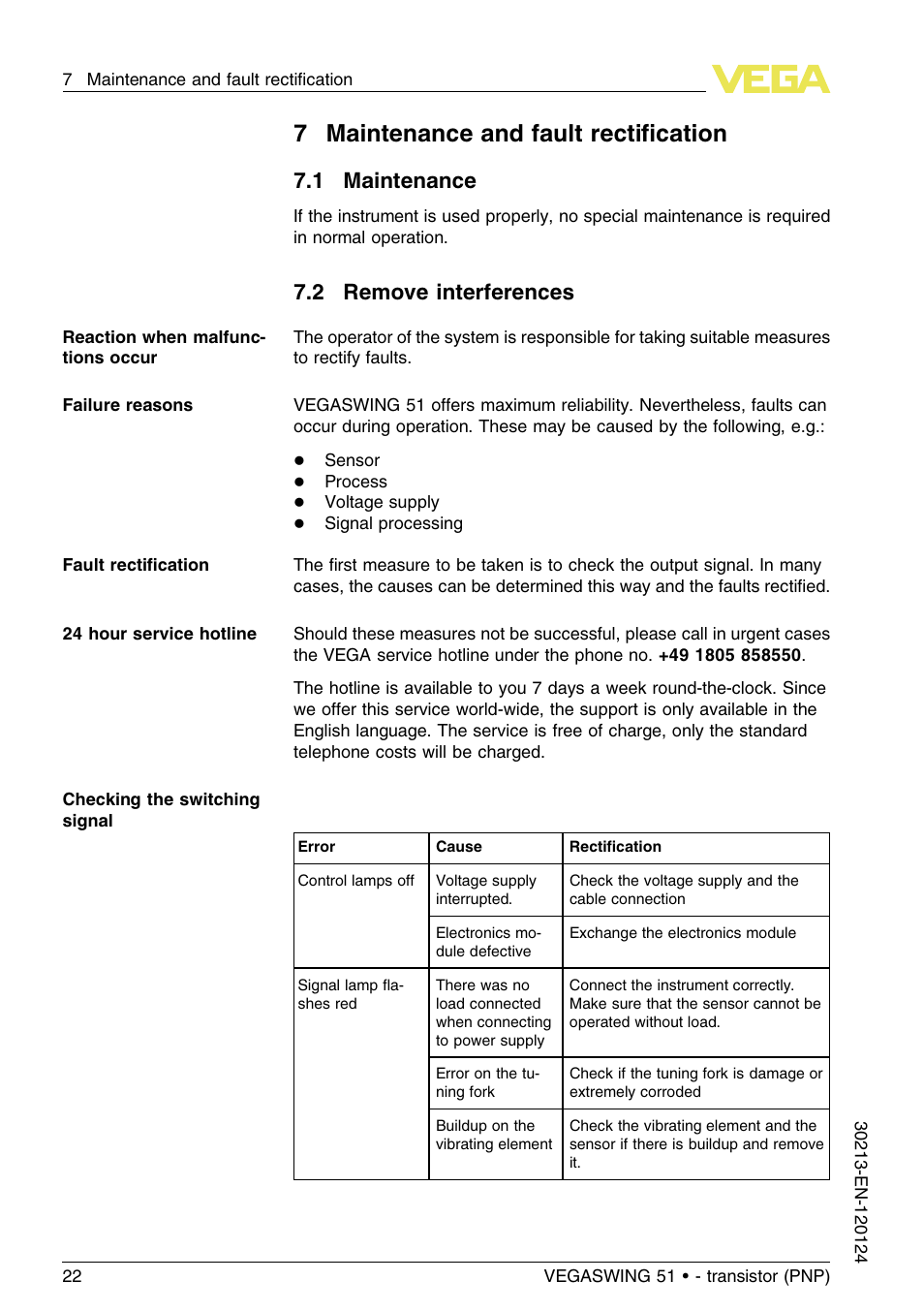 7 maintenance and fault rectification, 1 maintenance, 2 remove interferences | 7maintenance and fault rectiﬁcation | VEGA VEGASWING 51 - transistor (PNP) User Manual | Page 22 / 36