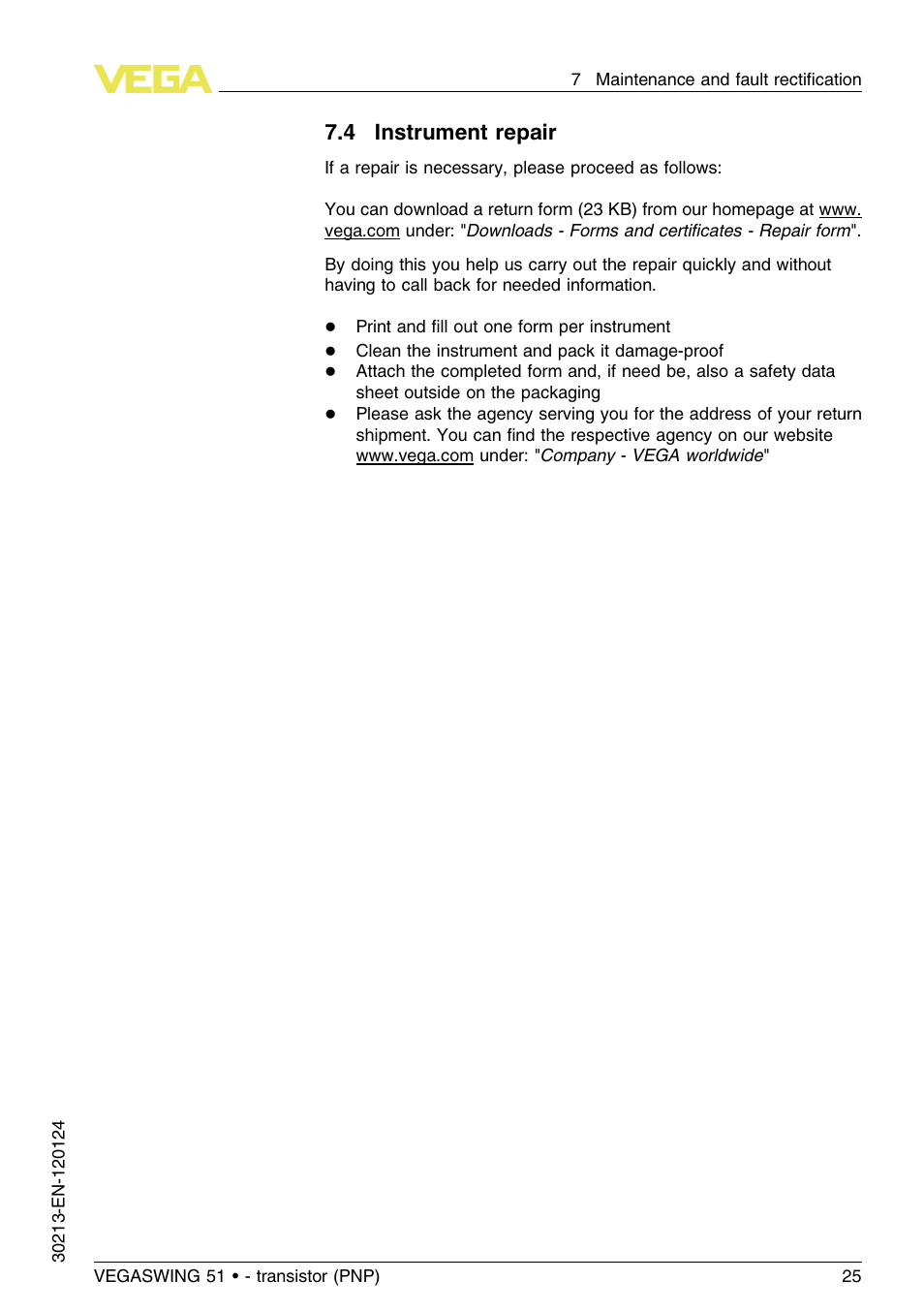 4 instrument repair | VEGA VEGASWING 51 - transistor (PNP) User Manual | Page 25 / 36