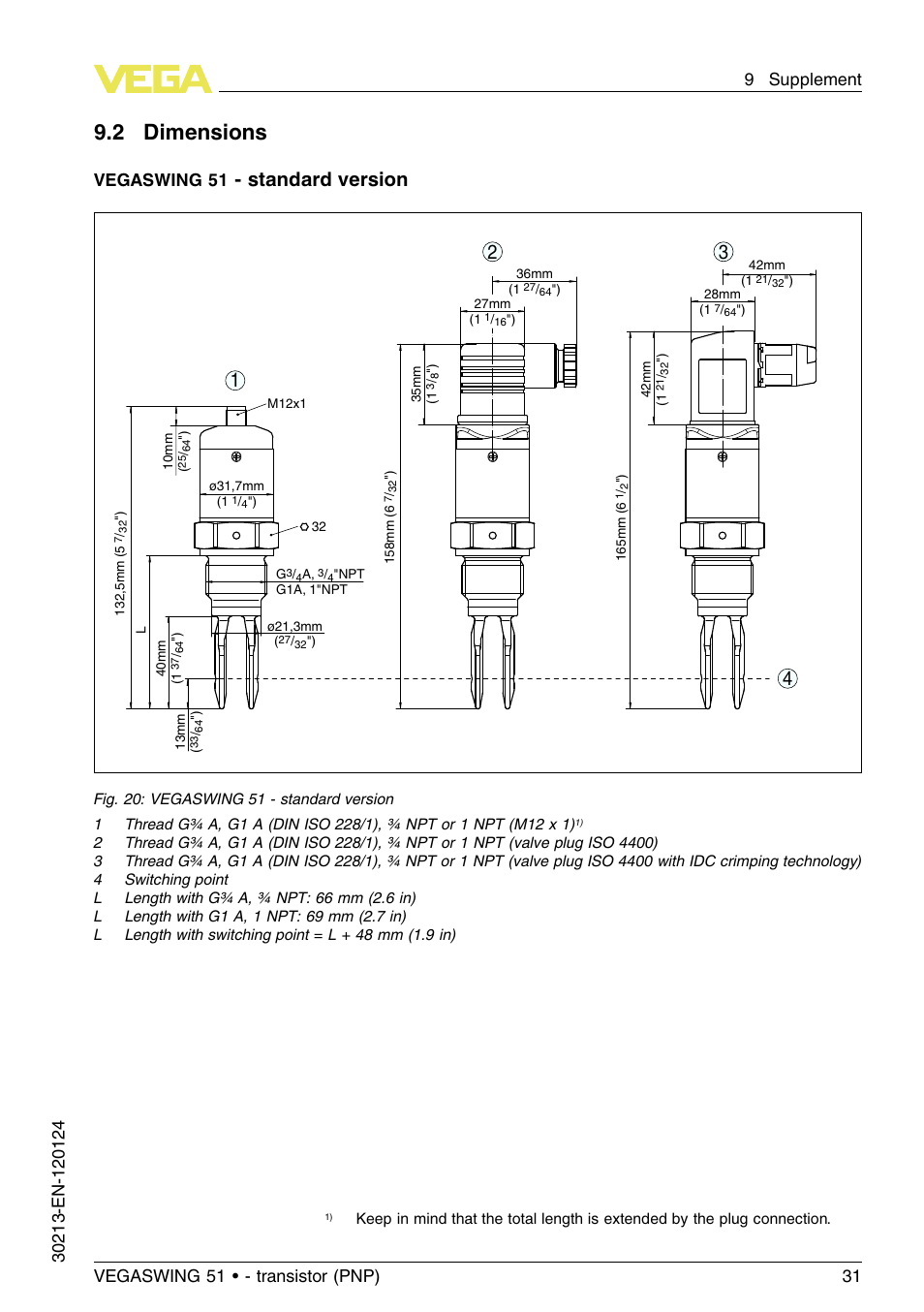 2 dimensions, Standard version, Vegaswing 51 | VEGA VEGASWING 51 - transistor (PNP) User Manual | Page 31 / 36