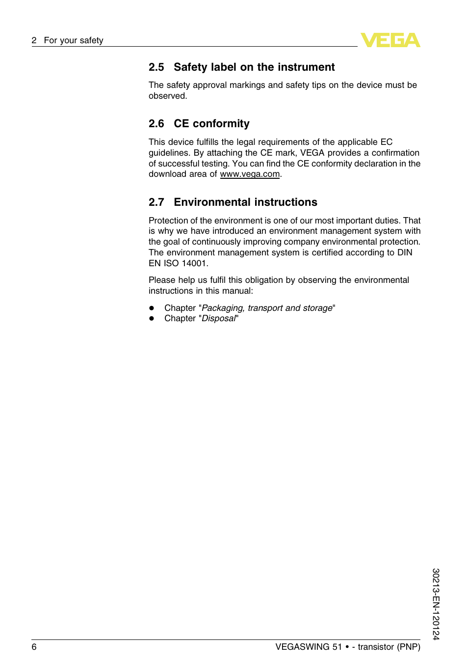 5 safety label on the instrument, 6 ce conformity, 7 environmental instructions | VEGA VEGASWING 51 - transistor (PNP) User Manual | Page 6 / 36
