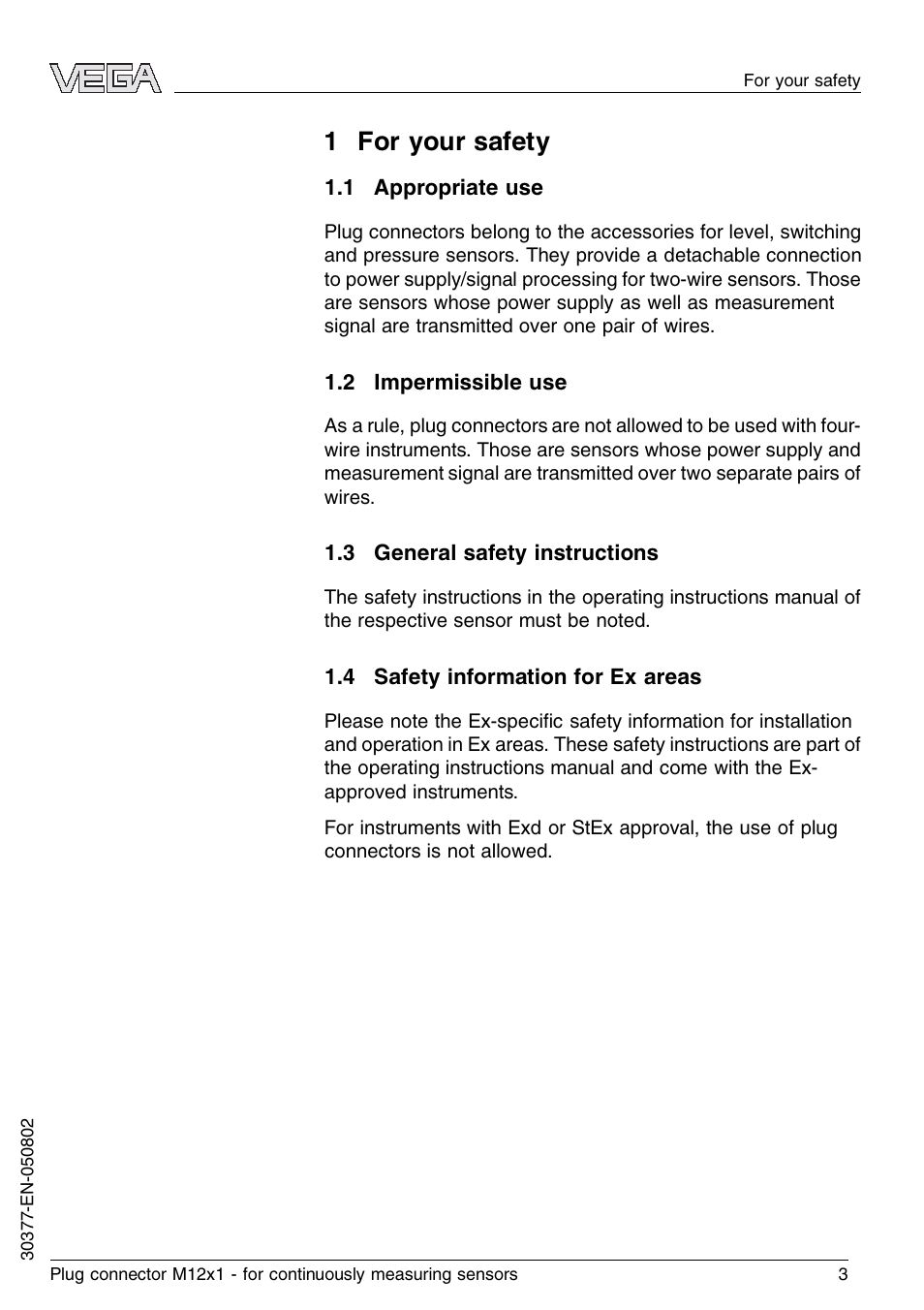 1 for your safety, 1 appropriate use, 2 impermissible use | 3 general safety instructions | VEGA Plug connector M12x1 for continuously measuring sensors User Manual | Page 3 / 12