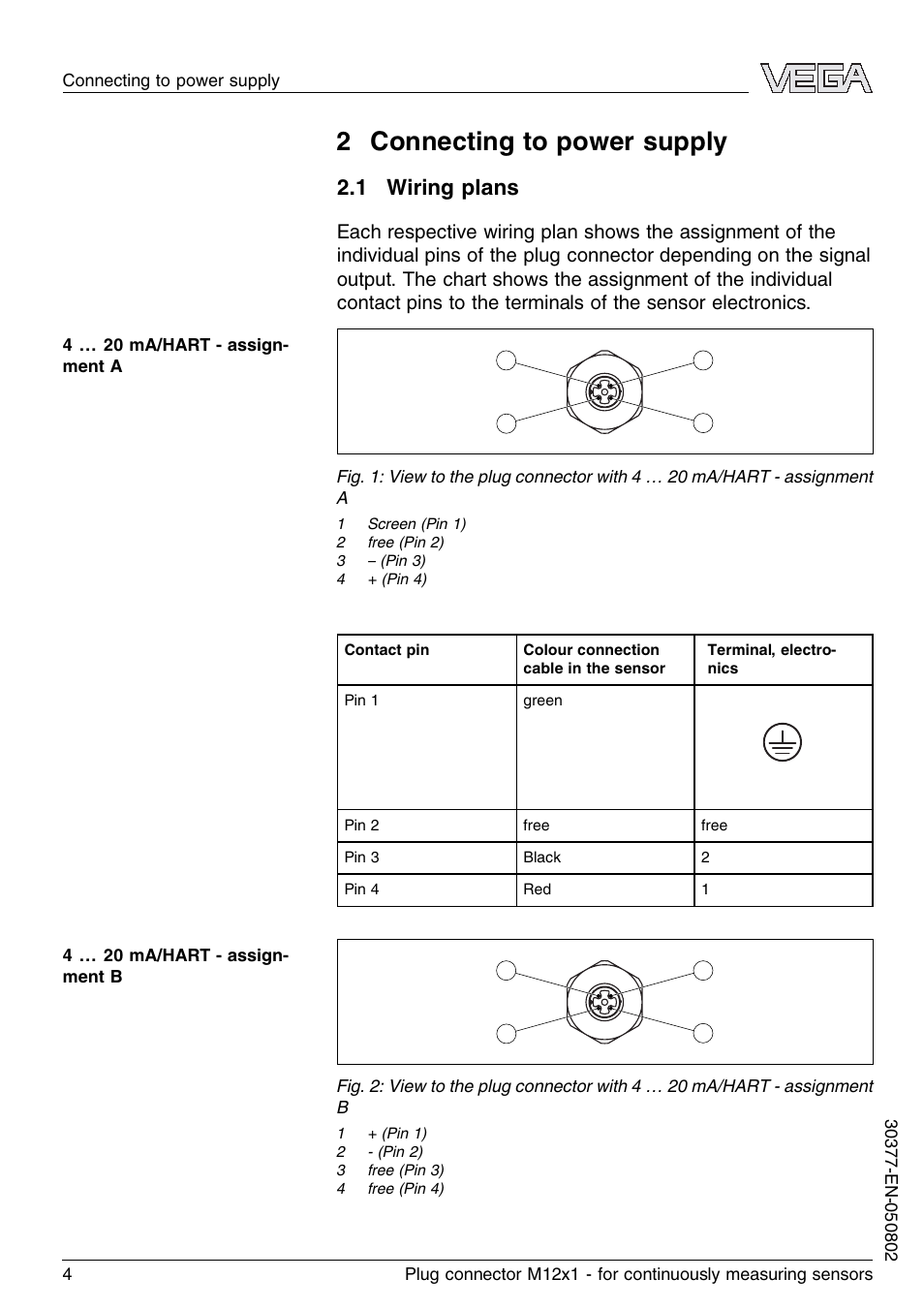 2 connecting to power supply, 1 wiring plans | VEGA Plug connector M12x1 for continuously measuring sensors User Manual | Page 4 / 12