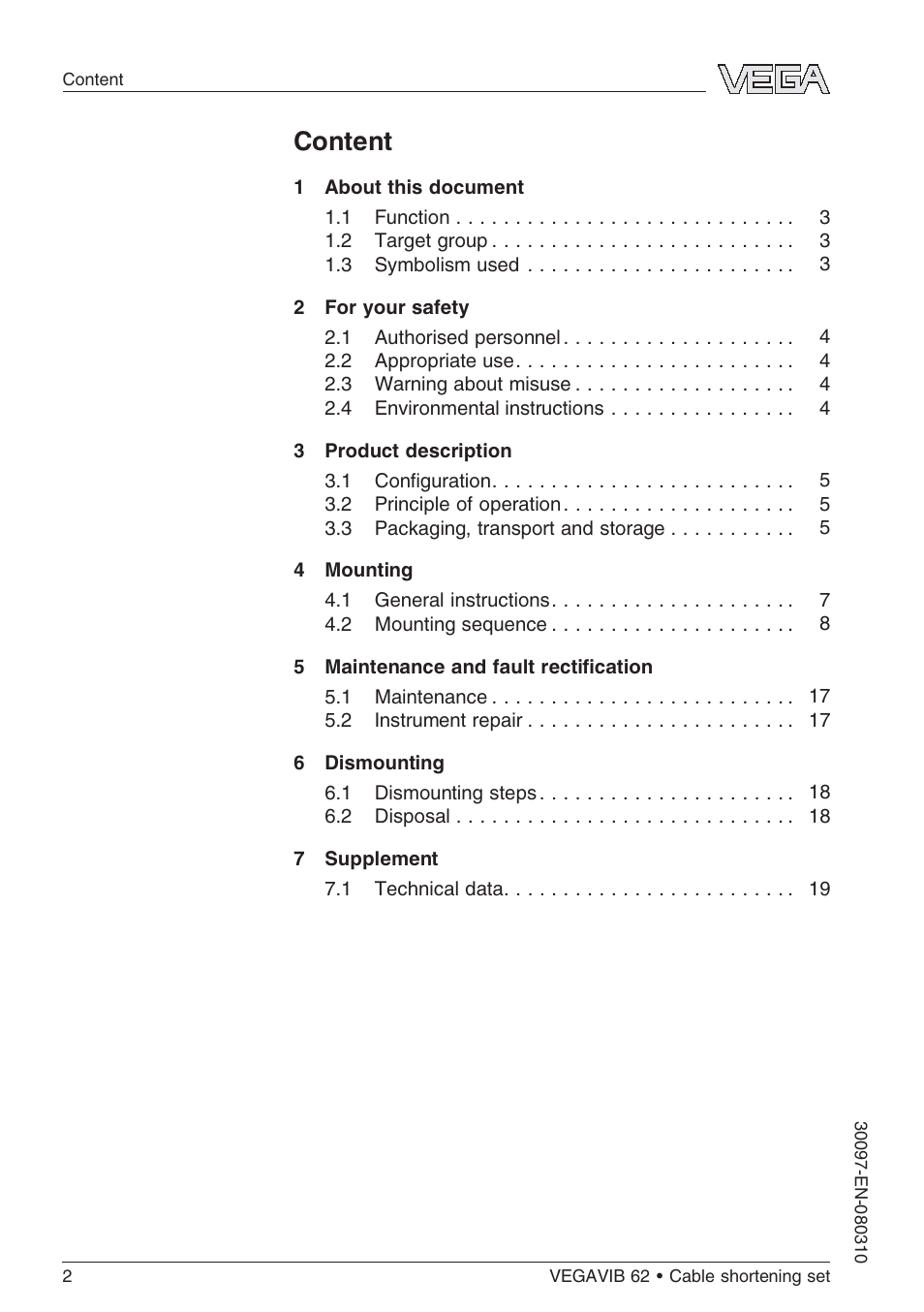 Content | VEGA VEGAVIB 62 Cable shortening set User Manual | Page 2 / 20