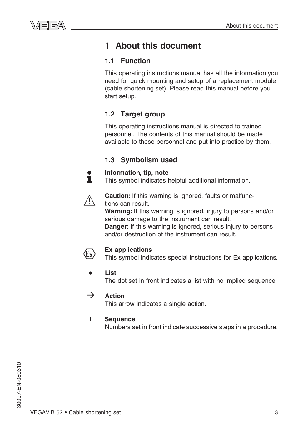 1 about this document, 1 function, 2 target group | 3 symbolism used | VEGA VEGAVIB 62 Cable shortening set User Manual | Page 3 / 20