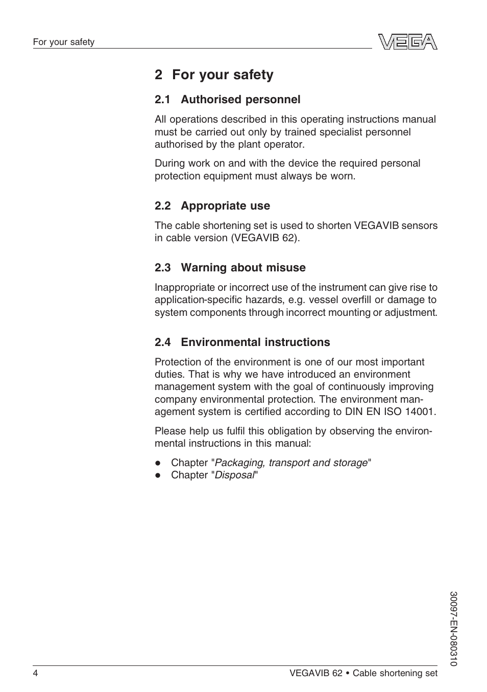 2 for your safety, 1 authorised personnel, 2 appropriate use | 3 warning about misuse, 4 environmental instructions | VEGA VEGAVIB 62 Cable shortening set User Manual | Page 4 / 20