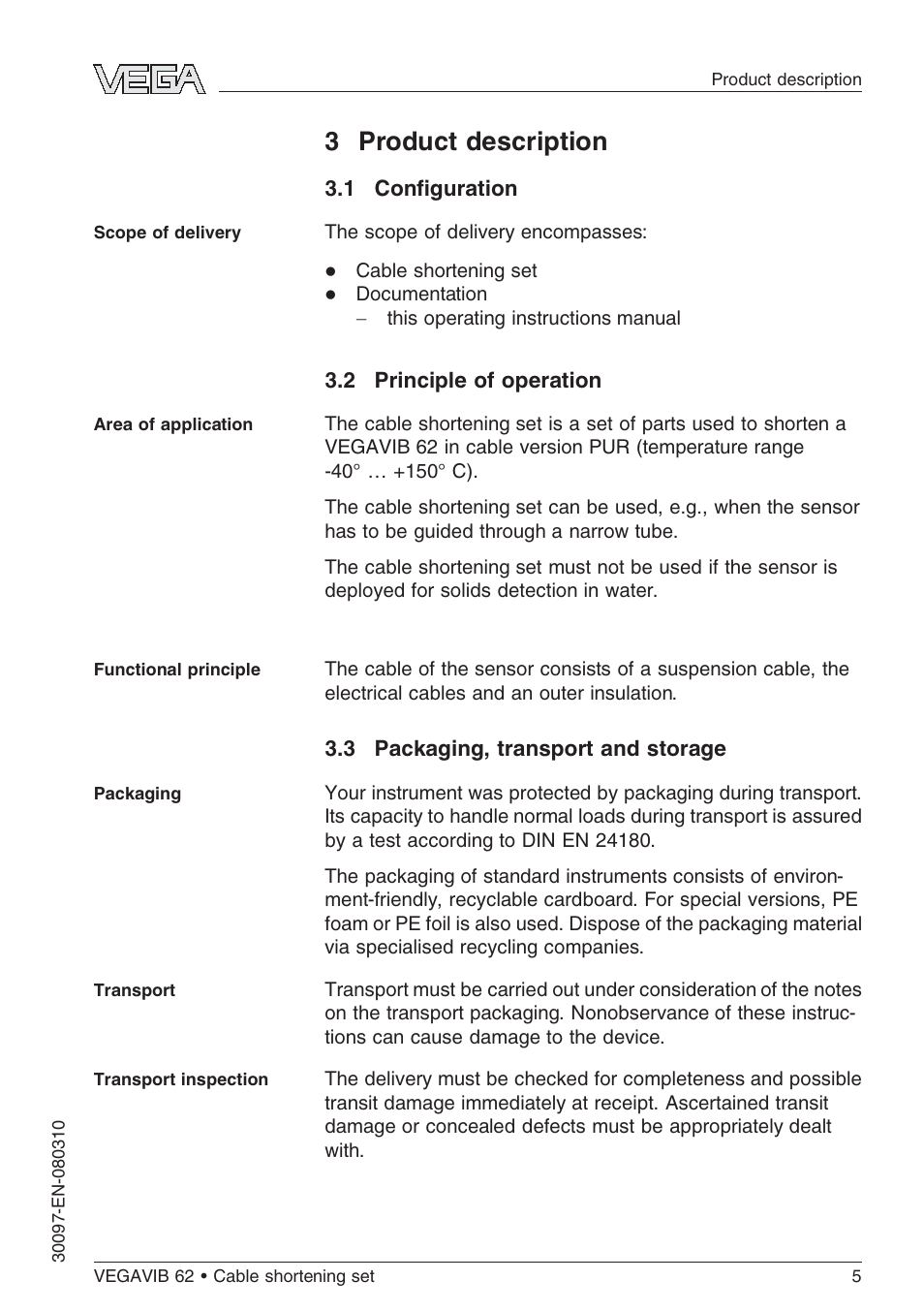 3 product description, 1 configuration, 2 principle of operation | 3 packaging, transport and storage | VEGA VEGAVIB 62 Cable shortening set User Manual | Page 5 / 20