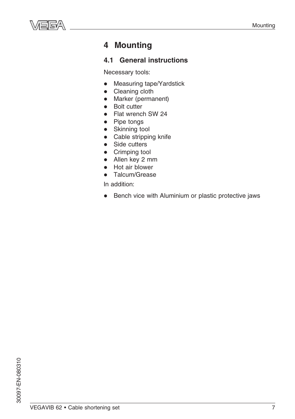 4 mounting, 1 general instructions | VEGA VEGAVIB 62 Cable shortening set User Manual | Page 7 / 20