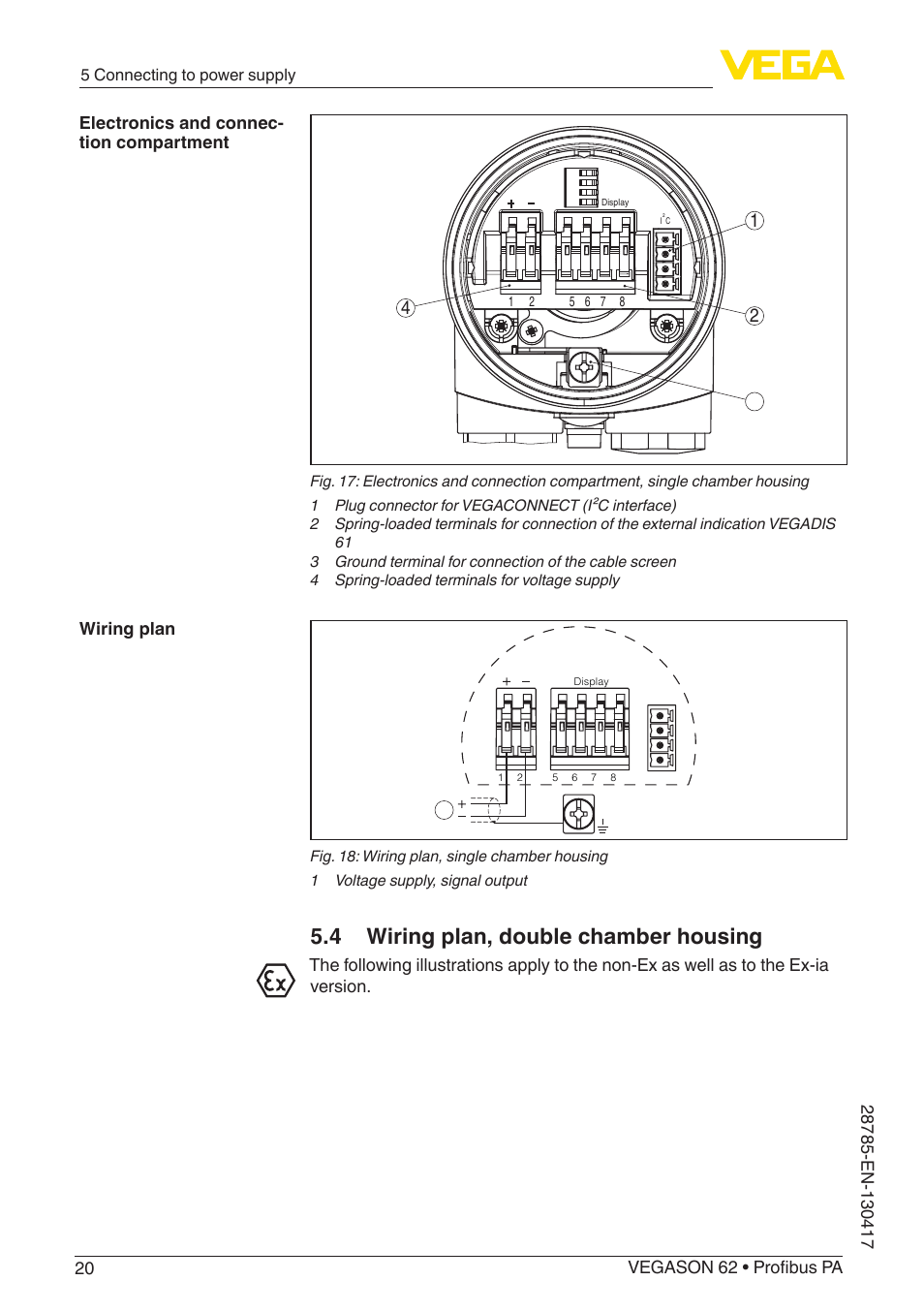 4 wiring plan, double chamber housing | VEGA VEGASON 62 Profibus PA User Manual | Page 20 / 52