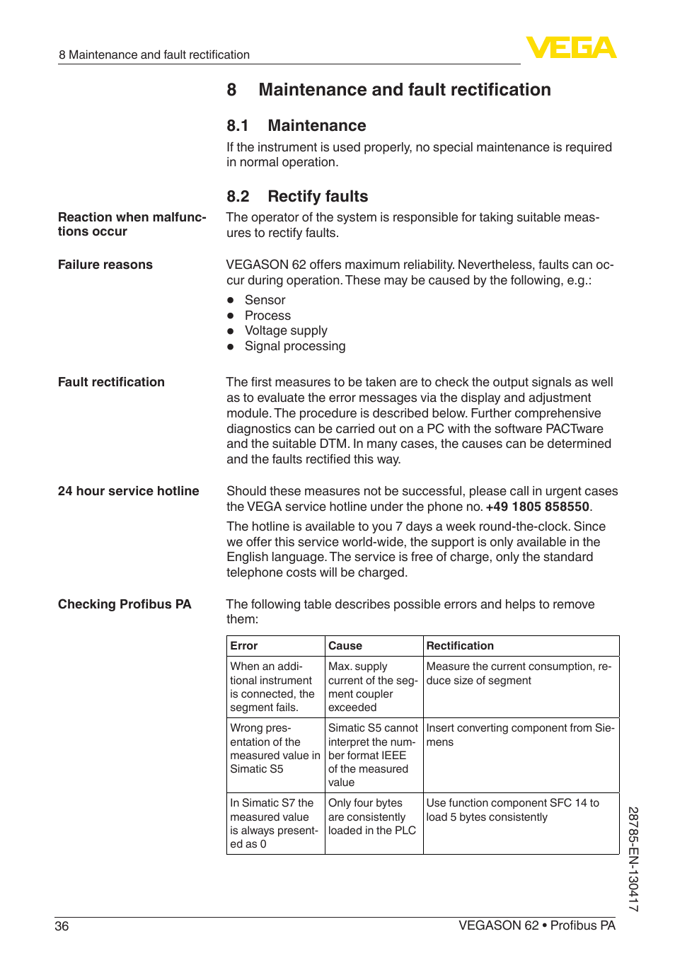 8 maintenance and fault rectification, 1 maintenance, 2 rectify faults | VEGA VEGASON 62 Profibus PA User Manual | Page 36 / 52