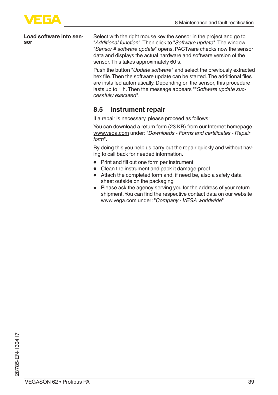 VEGA VEGASON 62 Profibus PA User Manual | Page 39 / 52