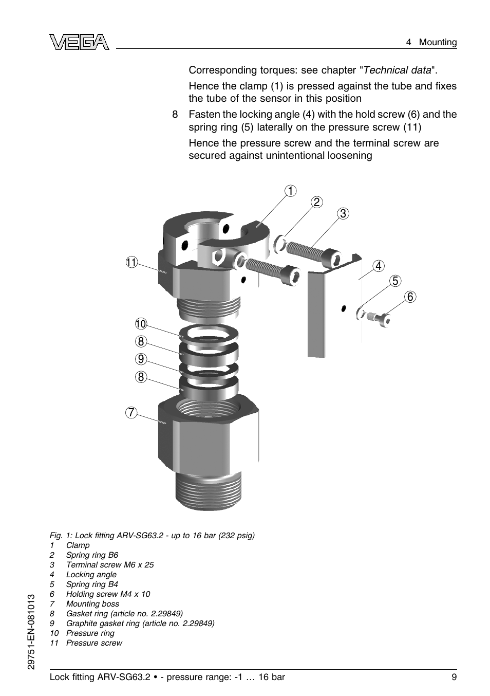 VEGA VEGASWING 63 Lock ﬁtting ARV-SG63.2 - pressure range: -1…16 bar User Manual | Page 9 / 16