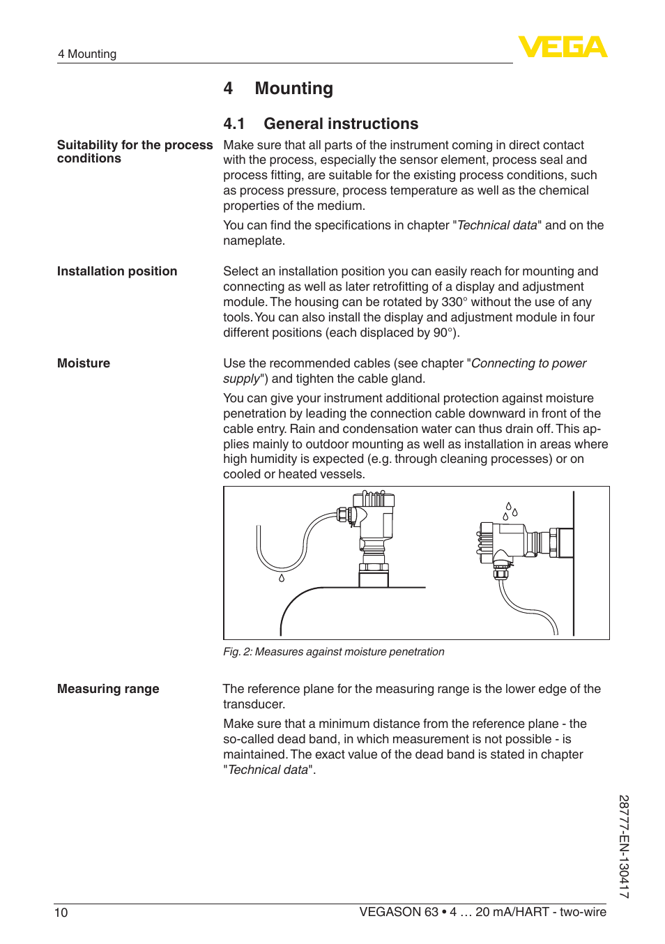 4 mounting, 1 general instructions | VEGA VEGASON 63 4 … 20 mA_HART - two-wire User Manual | Page 10 / 52