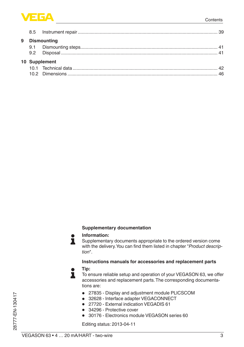 VEGA VEGASON 63 4 … 20 mA_HART - two-wire User Manual | Page 3 / 52