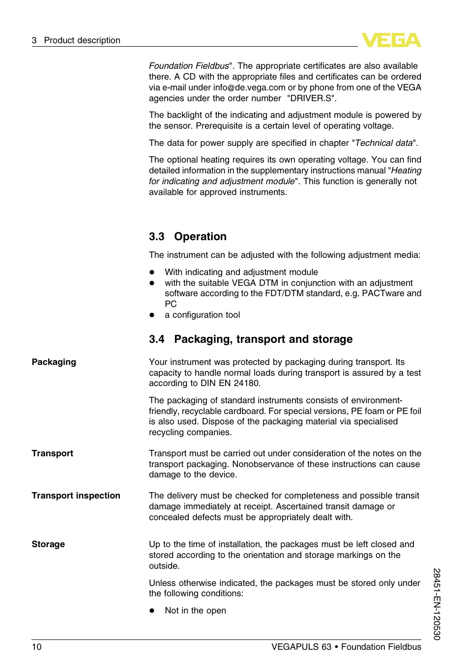 3 operation, 4 packaging, transport and storage | VEGA VEGAPULS 63 (≥ 2.0.0 - ≤ 3.8) Foundation Fieldbus User Manual | Page 10 / 72