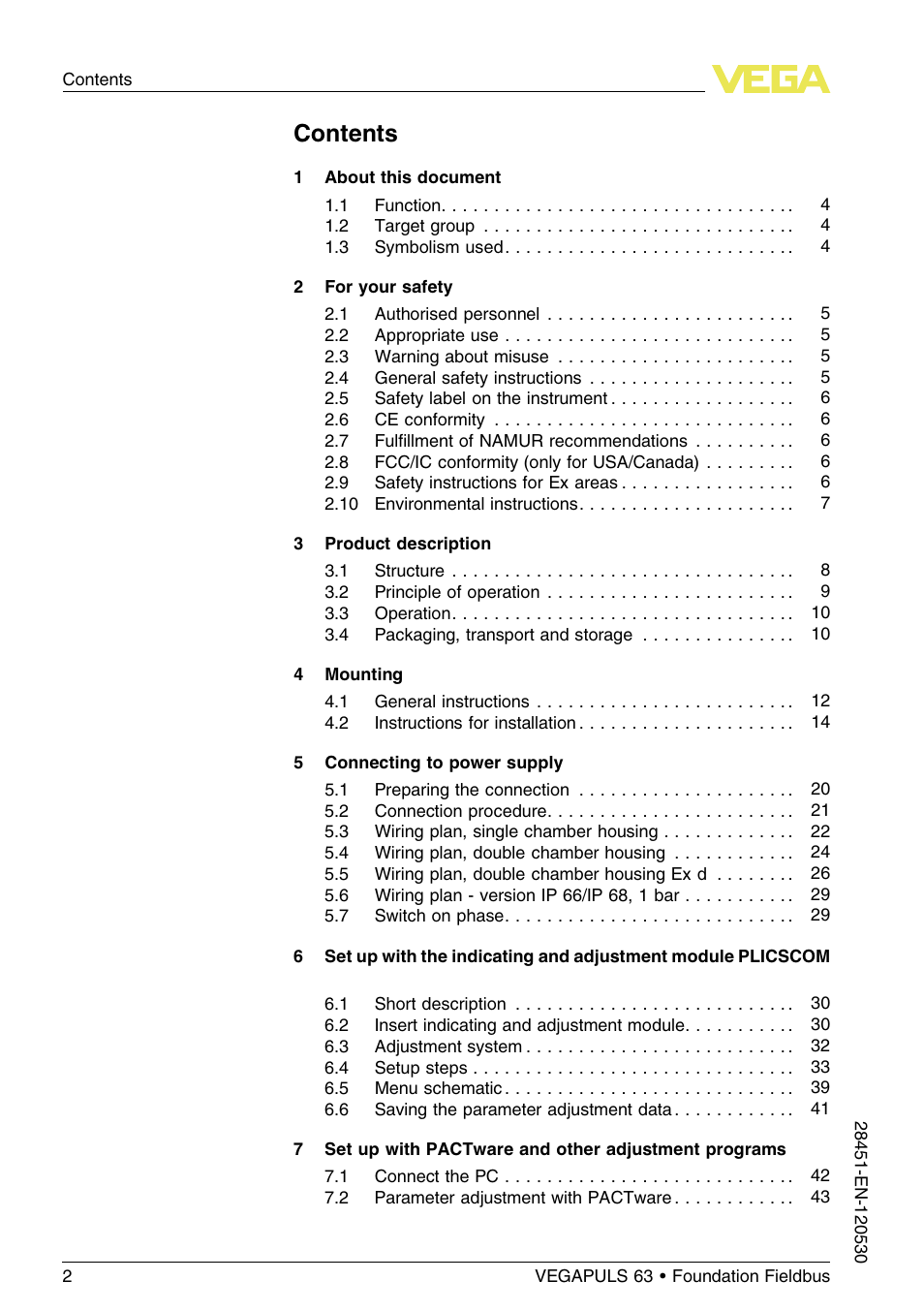 VEGA VEGAPULS 63 (≥ 2.0.0 - ≤ 3.8) Foundation Fieldbus User Manual | Page 2 / 72