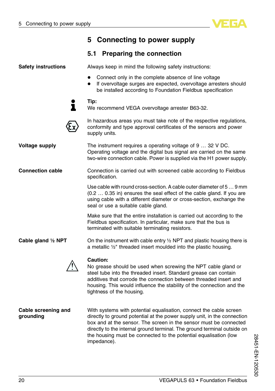 5 connecting to power supply, 1 preparing the connection, 5connecting to power supply | VEGA VEGAPULS 63 (≥ 2.0.0 - ≤ 3.8) Foundation Fieldbus User Manual | Page 20 / 72
