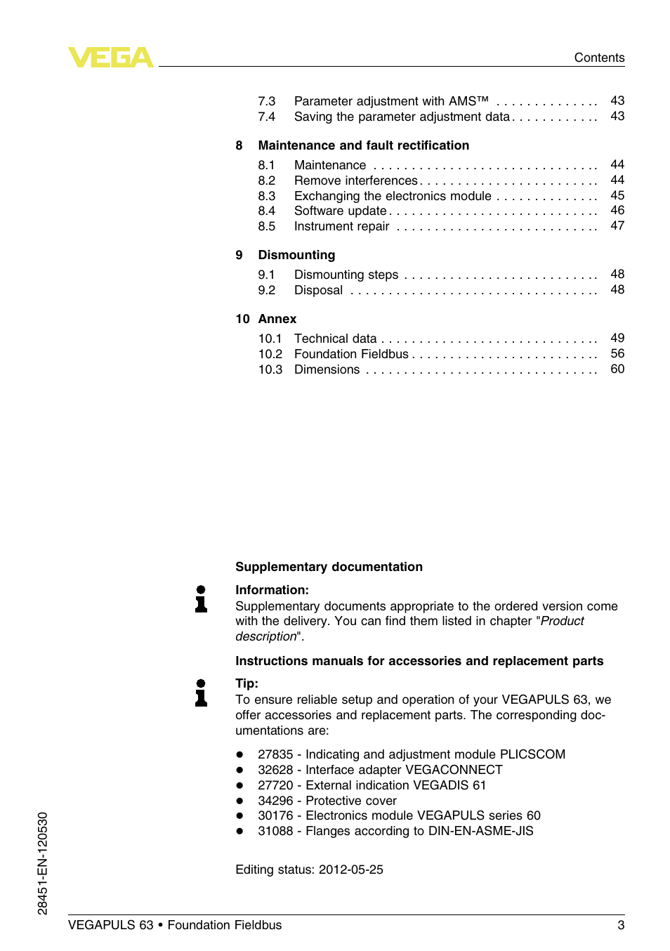 VEGA VEGAPULS 63 (≥ 2.0.0 - ≤ 3.8) Foundation Fieldbus User Manual | Page 3 / 72