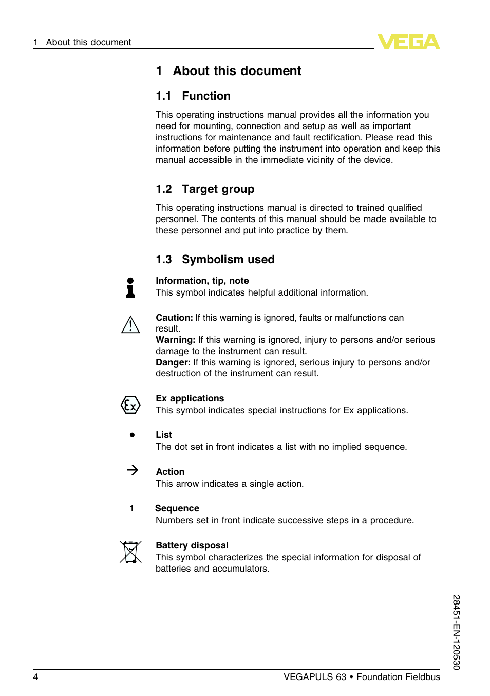 1 about this document, 2 target group, 3 symbolism used | 1about this document | VEGA VEGAPULS 63 (≥ 2.0.0 - ≤ 3.8) Foundation Fieldbus User Manual | Page 4 / 72